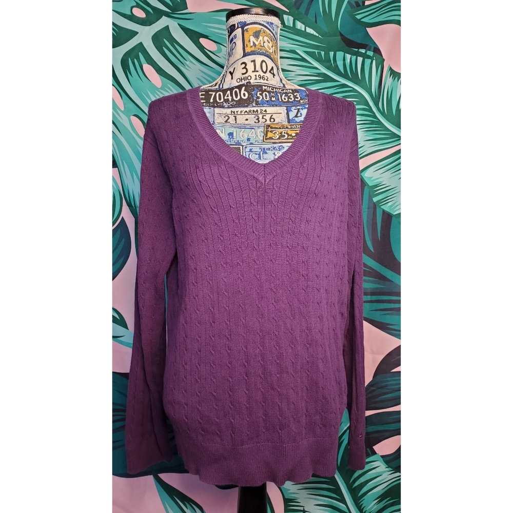 Tommy Hilfiger V Neck Cable Knit Sweater Purple